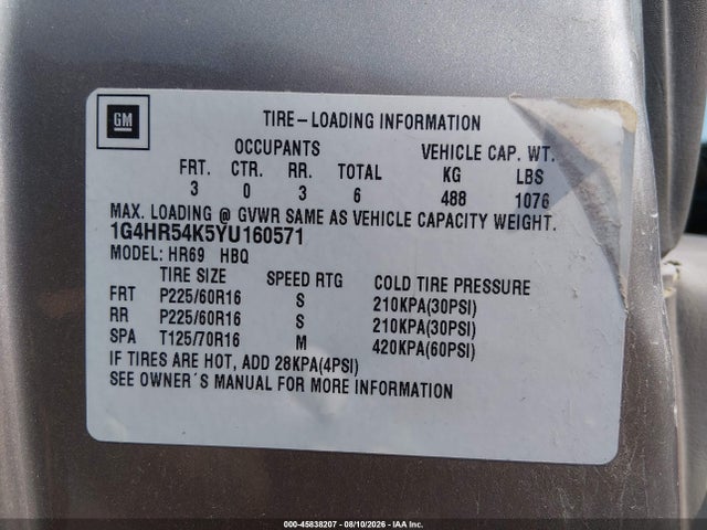 Aukcja sprzedaży 2000 Buick Lesabre Limited, vin: 1G4HR54K5YU160571, numer aukcji: 45838207