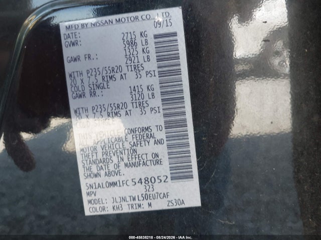 Aukcja sprzedaży 2015 Infiniti Qx60, vin: 5N1AL0MM1FC548052, numer aukcji: 45838218