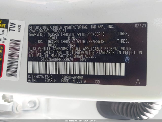 2021 Toyota Highlander Xle მანქანა იყიდება აუქციონზე, vin: 5TDGZRAH9MS533979, აუქციონის ნომერი: 45838219