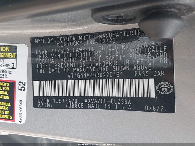 2024 Toyota Camry Se მანქანა იყიდება აუქციონზე, vin: 4T1G11AK0RU220161, აუქციონის ნომერი: 45838220