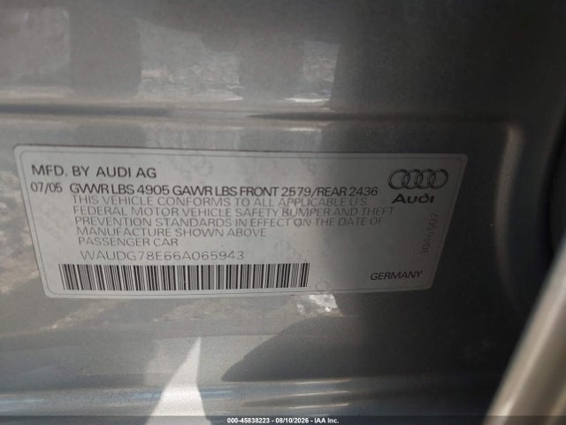 Продаж на аукціоні авто 2006 Audi A4 3.2, vin: WAUDG78E66A065943, номер лоту: 45838223
