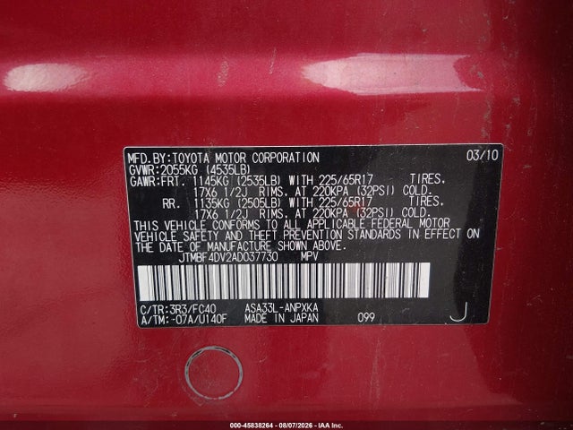 2010 Toyota Rav4 მანქანა იყიდება აუქციონზე, vin: JTMBF4DV2AD037730, აუქციონის ნომერი: 45838264