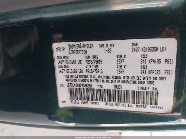 45838270 :رقم المزاد ، 1B7GL42X82S586350 vin ، 2002 Dodge Dakota Slt مزاد بيع
