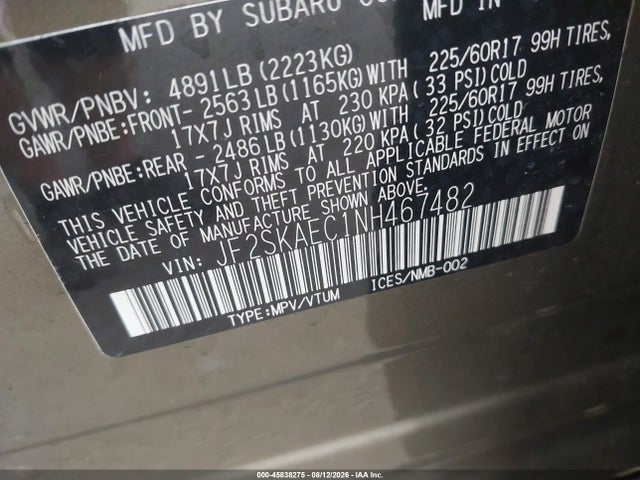 Aukcja sprzedaży 2022 Subaru Forester Premium, vin: JF2SKAEC1NH467482, numer aukcji: 45838275