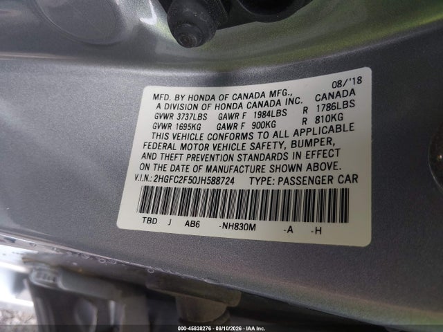 Aukcja sprzedaży 2018 Honda Civic Lx, vin: 2HGFC2F50JH588724, numer aukcji: 45838276