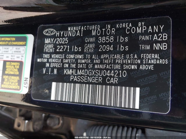 45838290 :رقم المزاد ، KMHLM4DGXSU044210 vin ، 2025 Hyundai Elantra Sel Sport مزاد بيع