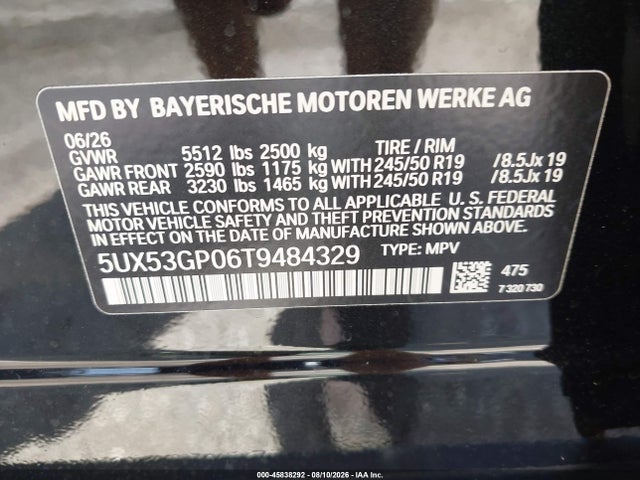 2026 Bmw X3 30 Xdrive მანქანა იყიდება აუქციონზე, vin: 5UX53GP06T9484329, აუქციონის ნომერი: 45838292
