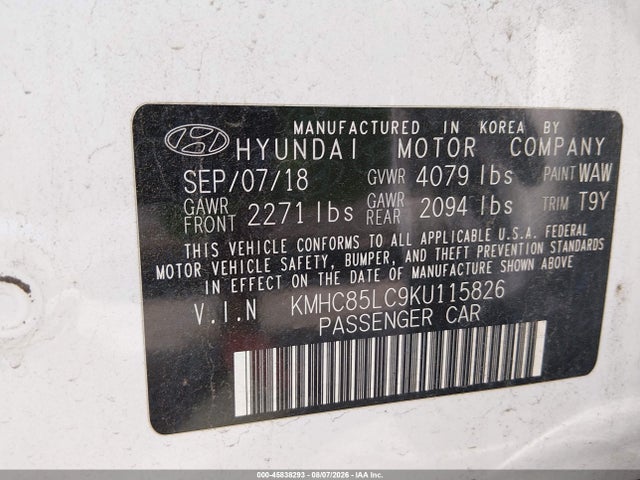 45838293 :رقم المزاد ، KMHC85LC9KU115826 vin ، 2019 Hyundai Ioniq Hybrid Limited مزاد بيع