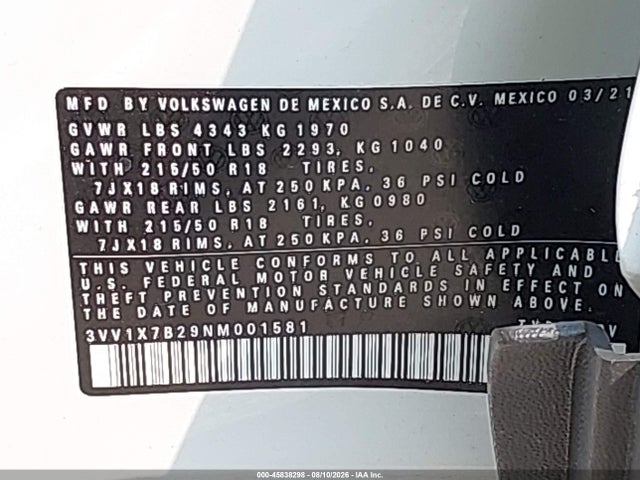 Aukcja sprzedaży 2022 Volkswagen Taos 1.5t Sel, vin: 3VV1X7B29NM001581, numer aukcji: 45838298