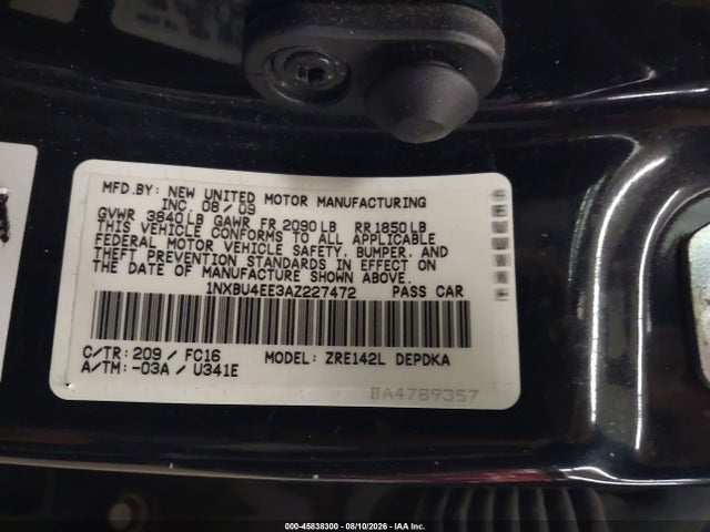 45838300 :رقم المزاد ، 1NXBU4EE3AZ227472 vin ، 2010 Toyota Corolla Le مزاد بيع