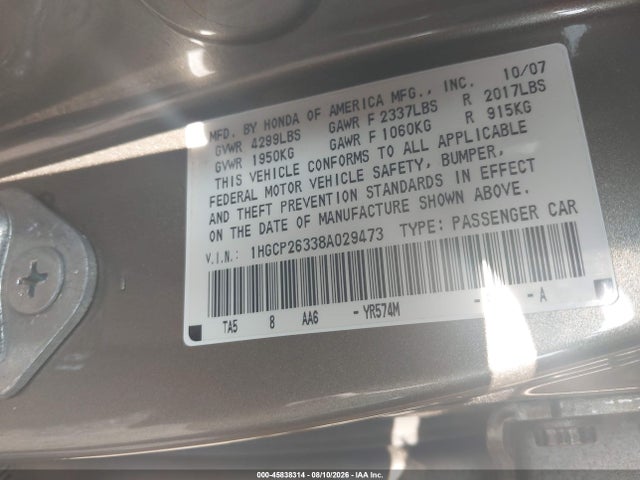 Aukcja sprzedaży 2008 Honda Accord 2.4 Lx, vin: 1HGCP26338A029473, numer aukcji: 45838314