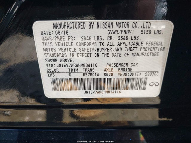 2017 Infiniti Q50 3.0t Premium მანქანა იყიდება აუქციონზე, vin: JN1EV7AR6HM834116, აუქციონის ნომერი: 45838315