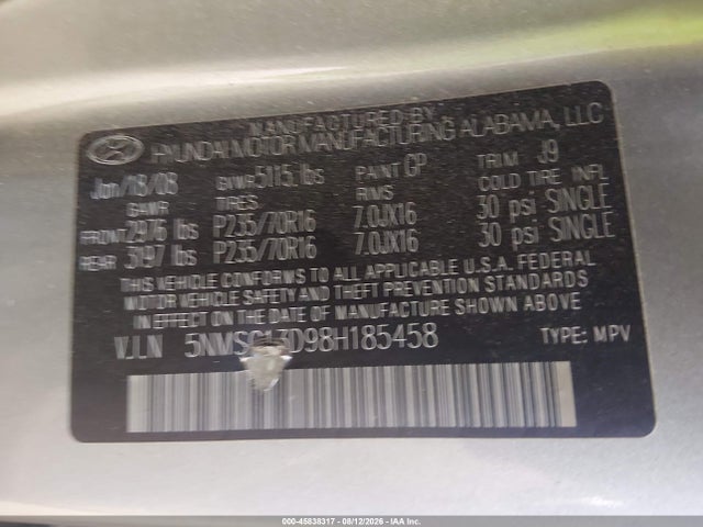 2008 Hyundai Santa Fe Gls მანქანა იყიდება აუქციონზე, vin: 5NMSG13D98H185458, აუქციონის ნომერი: 45838317