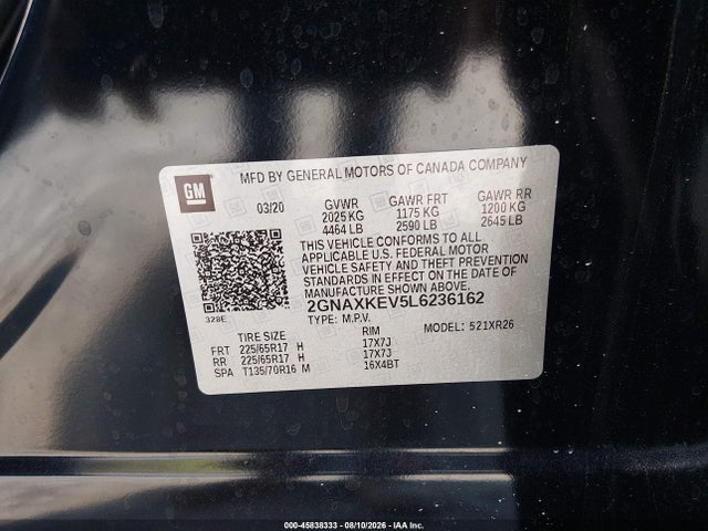 Aukcja sprzedaży 2020 Chevrolet Equinox Fwd Lt 1.5l Turbo, vin: 2GNAXKEV5L6236162, numer aukcji: 45838333
