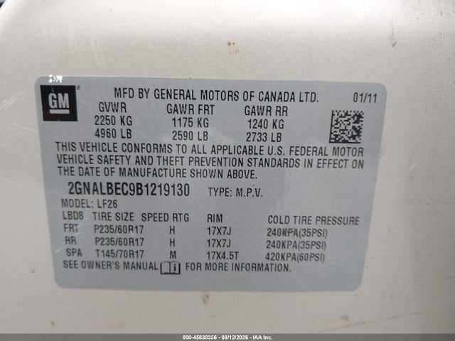 2011 Chevrolet Equinox Ls მანქანა იყიდება აუქციონზე, vin: 2GNALBEC9B1219130, აუქციონის ნომერი: 45838336