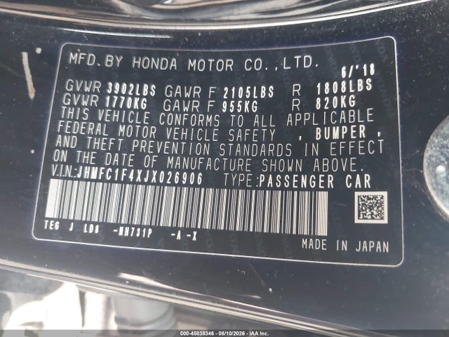 45838346 :رقم المزاد ، JHMFC1F4XJX026906 vin ، 2018 Honda Civic Ex-t مزاد بيع