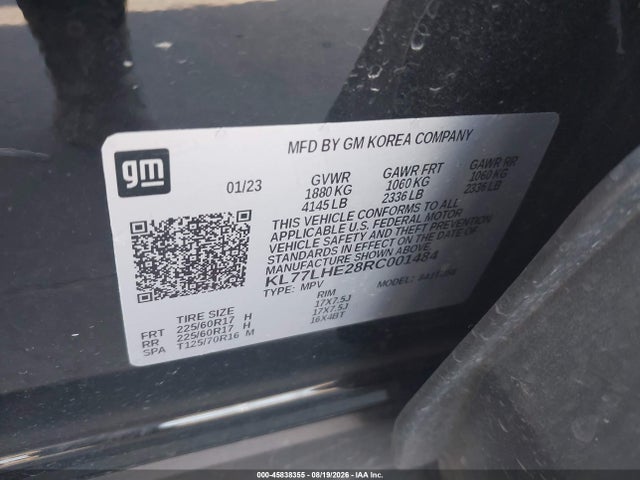 45838355 :رقم المزاد ، KL77LHE28RC001484 vin ، 2024 Chevrolet Trax Fwd Lt مزاد بيع