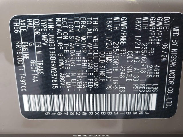 45838360 :رقم المزاد ، JN8BT3BBXRW287815 vin ، 2024 Nissan Rogue Sv Intelligent Awd مزاد بيع