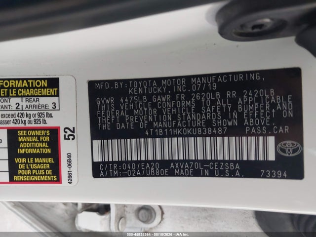 Aukcja sprzedaży 2019 Toyota Camry Se, vin: 4T1B11HK0KU838487, numer aukcji: 45838364