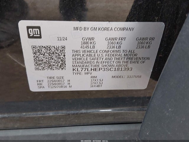 Продажа на аукционе авто 2025 Chevrolet Trax Fwd Lt, vin: KL77LHEP3SC181393, номер лота: 45838384