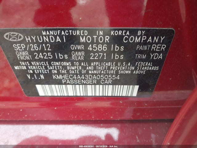 45838391 :رقم المزاد ، KMHEC4A43DA050554 vin ، 2013 Hyundai Sonata Hybrid Limited مزاد بيع