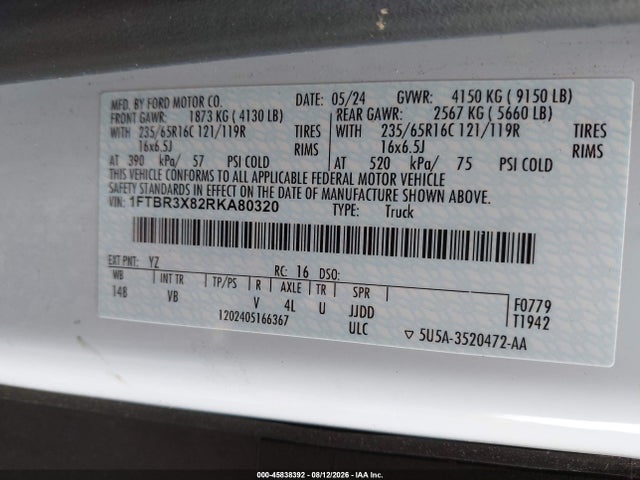 Aukcja sprzedaży 2024 Ford Transit-250 Cargo Van, vin: 1FTBR3X82RKA80320, numer aukcji: 45838392