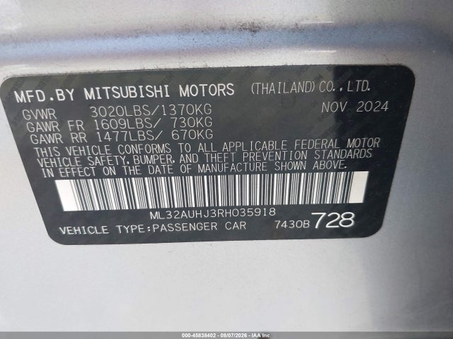 45838402 :رقم المزاد ، ML32AUHJ3RH035918 vin ، 2024 Mitsubishi Mirage Es/le مزاد بيع