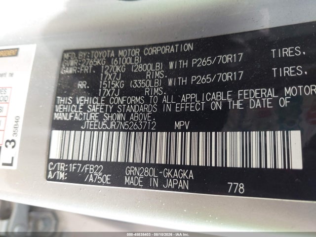 Aukcja sprzedaży 2022 Toyota 4runner Sr5, vin: JTEEU5JR7N5263712, numer aukcji: 45838403