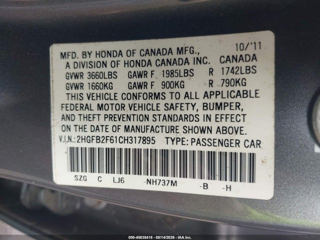 Продаж на аукціоні авто 2012 Honda Civic Hf, vin: 2HGFB2F61CH317895, номер лоту: 45838418