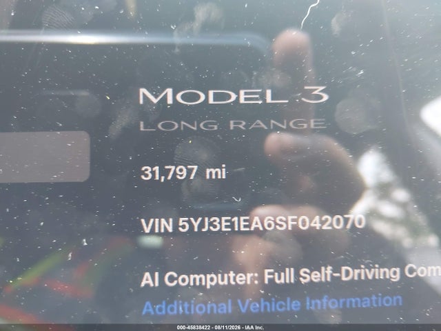 45838422 :رقم المزاد ، 5YJ3E1EA6SF042070 vin ، 2025 Tesla Model 3 Long Range Rear-wheel Drive/standard Rear-wheel Drive مزاد بيع