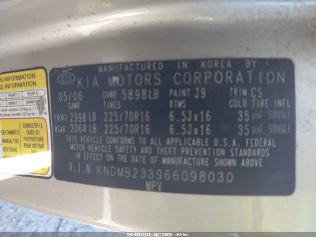 Продаж на аукціоні авто 2006 Kia Sedona Ex/lx, vin: KNDMB233966098030, номер лоту: 45838427
