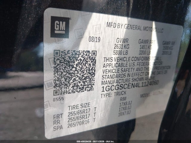 45838439 :رقم المزاد ، 1GCGSCEN4L1124060 vin ، 2020 Chevrolet Colorado 2wd  Short Box Lt مزاد بيع