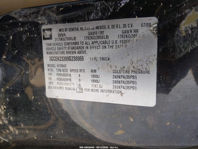 2009 Chevrolet Silverado K1500 Lt მანქანა იყიდება აუქციონზე, vin: 3GCEK23399G238066, აუქციონის ნომერი: 45838440