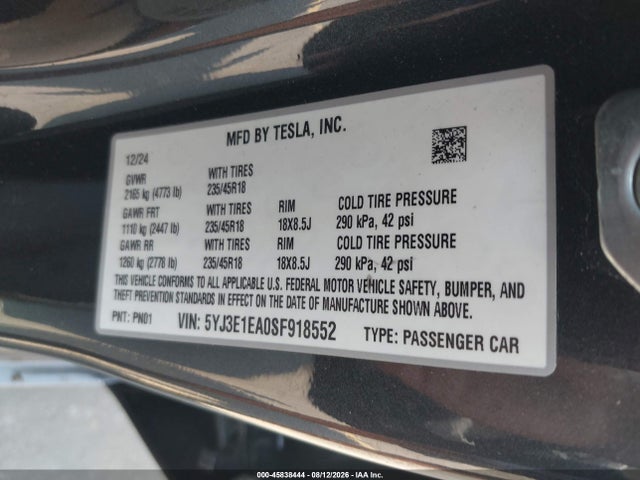 Продаж на аукціоні авто 2025 Tesla Model 3 Long Range Rear-wheel Drive/standard Rear-wheel Drive, vin: 5YJ3E1EA0SF918552, номер лоту: 45838444