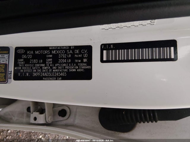 Aukcja sprzedaży 2020 Kia Forte Lxs, vin: 3KPF24AD5LE245465, numer aukcji: 45838447