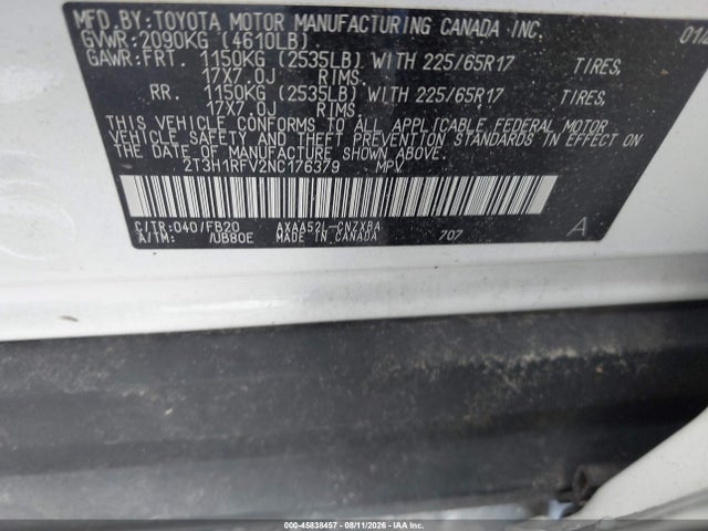 Aukcja sprzedaży 2022 Toyota Rav4 Le, vin: 2T3H1RFV2NC176379, numer aukcji: 45838457
