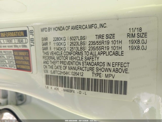 Продажа на аукционе авто 2019 Acura Rdx Technology Package, vin: 5J8TC2H54KL026412, номер лота: 45838466