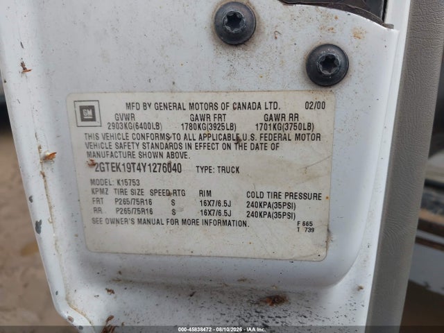 Продаж на аукціоні авто 2000 Gmc Sierra 1500 Sle, vin: 2GTEK19T4Y1276040, номер лоту: 45838472