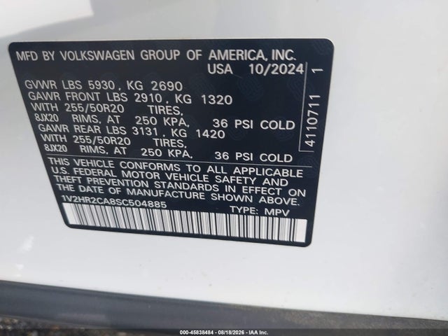 Aukcja sprzedaży 2025 Volkswagen Atlas 2.0t Se W/technology, vin: 1V2HR2CA8SC504885, numer aukcji: 45838484
