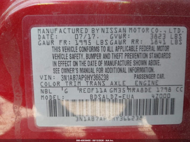 2017 Nissan Sentra Sv მანქანა იყიდება აუქციონზე, vin: 3N1AB7AP9HY366238, აუქციონის ნომერი: 45838485