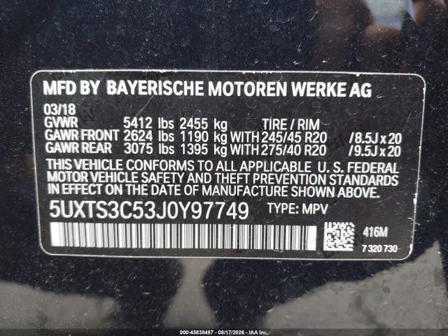 Aukcja sprzedaży 2018 Bmw X3 M40i, vin: 5UXTS3C53J0Y97749, numer aukcji: 45838487