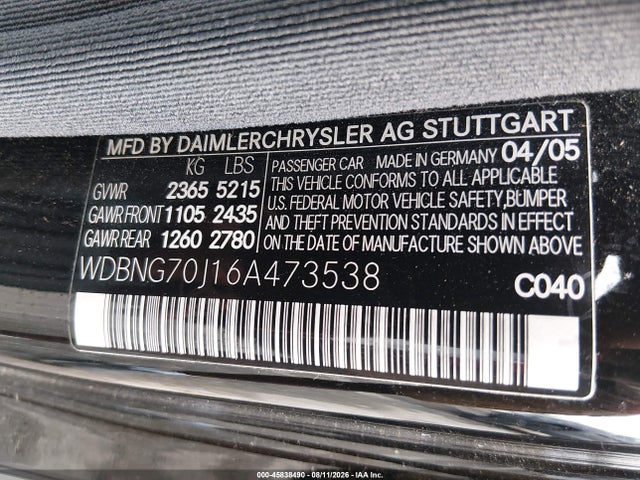 45838490 :رقم المزاد ، WDBNG70J16A473538 vin ، 2006 Mercedes-benz S 430 مزاد بيع