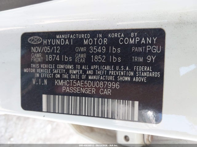 45838512 :رقم المزاد ، KMHCT5AE5DU087996 vin ، 2013 Hyundai Accent Gs مزاد بيع