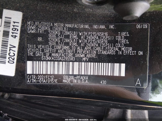 Aukcja sprzedaży 2010 Toyota Sienna Le, vin: 5TDKK4CC0AS295583, numer aukcji: 45838518