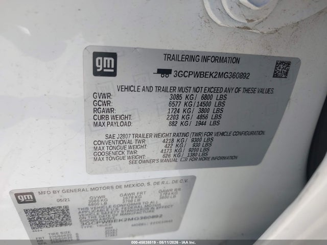 Aukcja sprzedaży 2021 Chevrolet Silverado 1500 2wd  Short Bed Custom, vin: 3GCPWBEK2MG360892, numer aukcji: 45838519