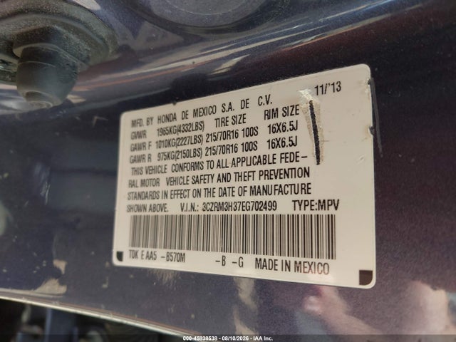 45838538 :رقم المزاد ، 3CZRM3H37EG702499 vin ، 2014 Honda Cr-v Lx مزاد بيع