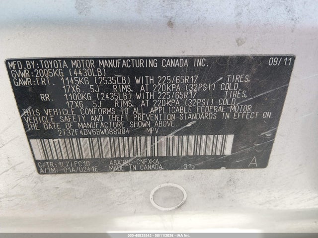 Продаж на аукціоні авто 2011 Toyota Rav4, vin: 2T3ZF4DV6BW088084, номер лоту: 45838543