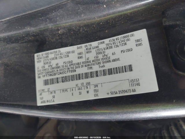 Aukcja sprzedaży 2019 Ford F-250 Lariat, vin: 1FT7W2BT2KEC77559, numer aukcji: 45838562