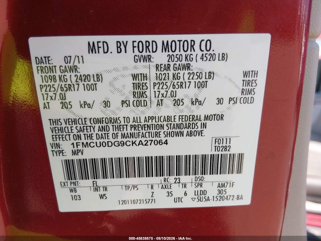 Aukcja sprzedaży 2012 Ford Escape Xlt, vin: 1FMCU0DG9CKA27064, numer aukcji: 45838575