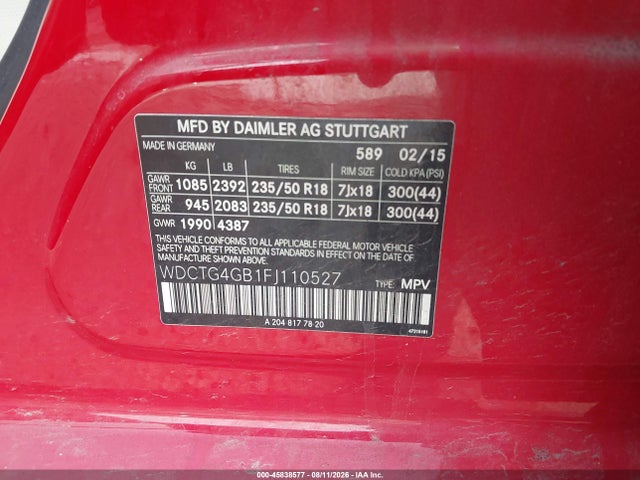 45838577 :رقم المزاد ، WDCTG4GB1FJ110527 vin ، 2015 Mercedes-benz Gla 250 4matic مزاد بيع